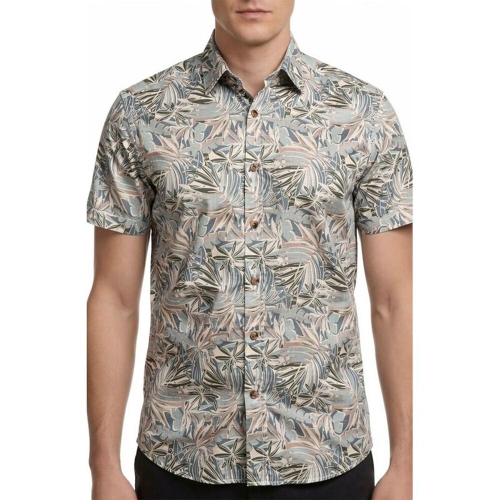 Report Collection Mens Tropical Print Linen Cotton Short Sleeve Shirt L Green